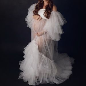 Gorgeous Sheer White Tulle Maternity Photoshoot Gown
